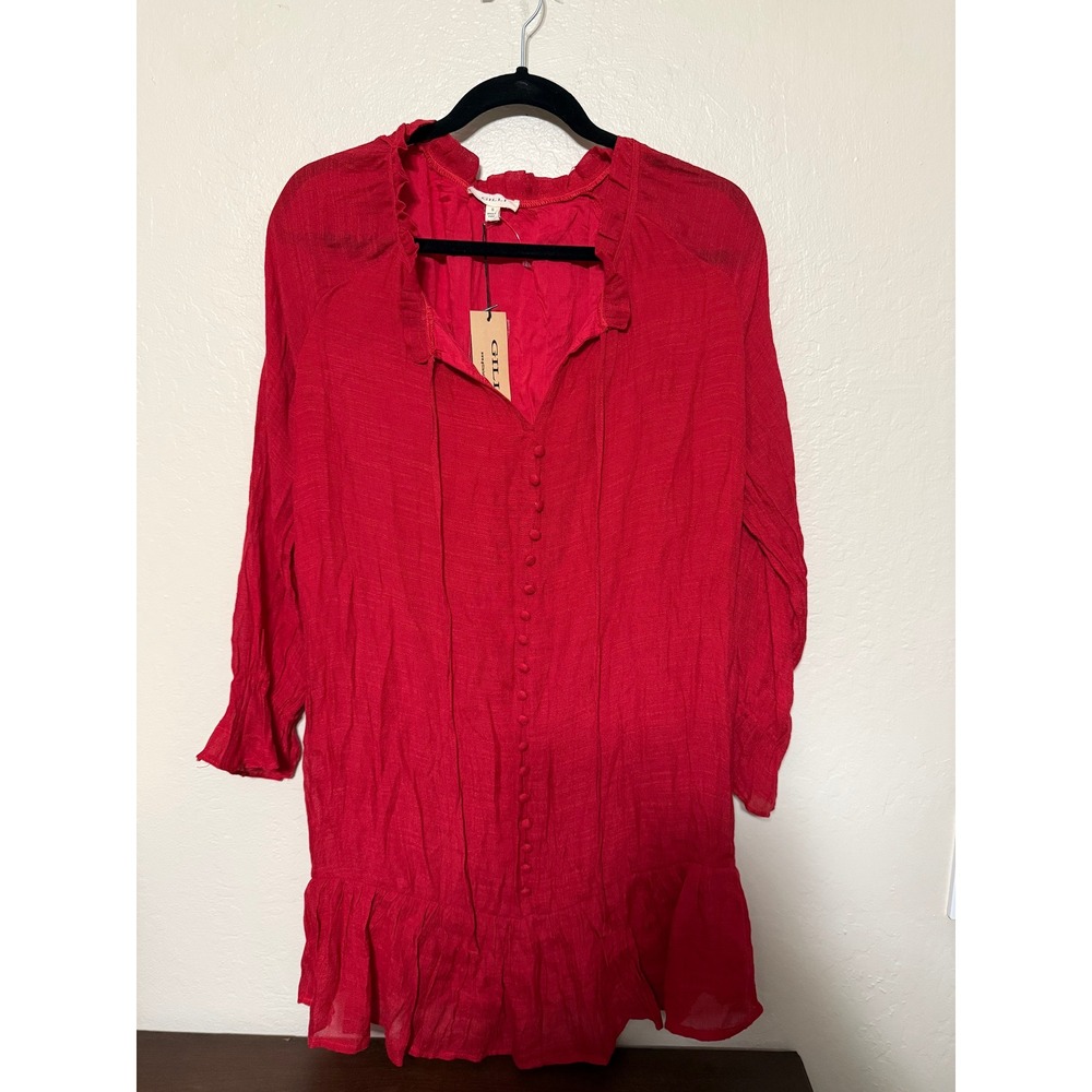 Gilli‎ Red Ruffled Button Down Long Sleeve Mini Dress Size S